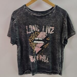 HRT & LUV Rock And Roll Tee Size Large Black Bleached Look Short Sleeve Graphic